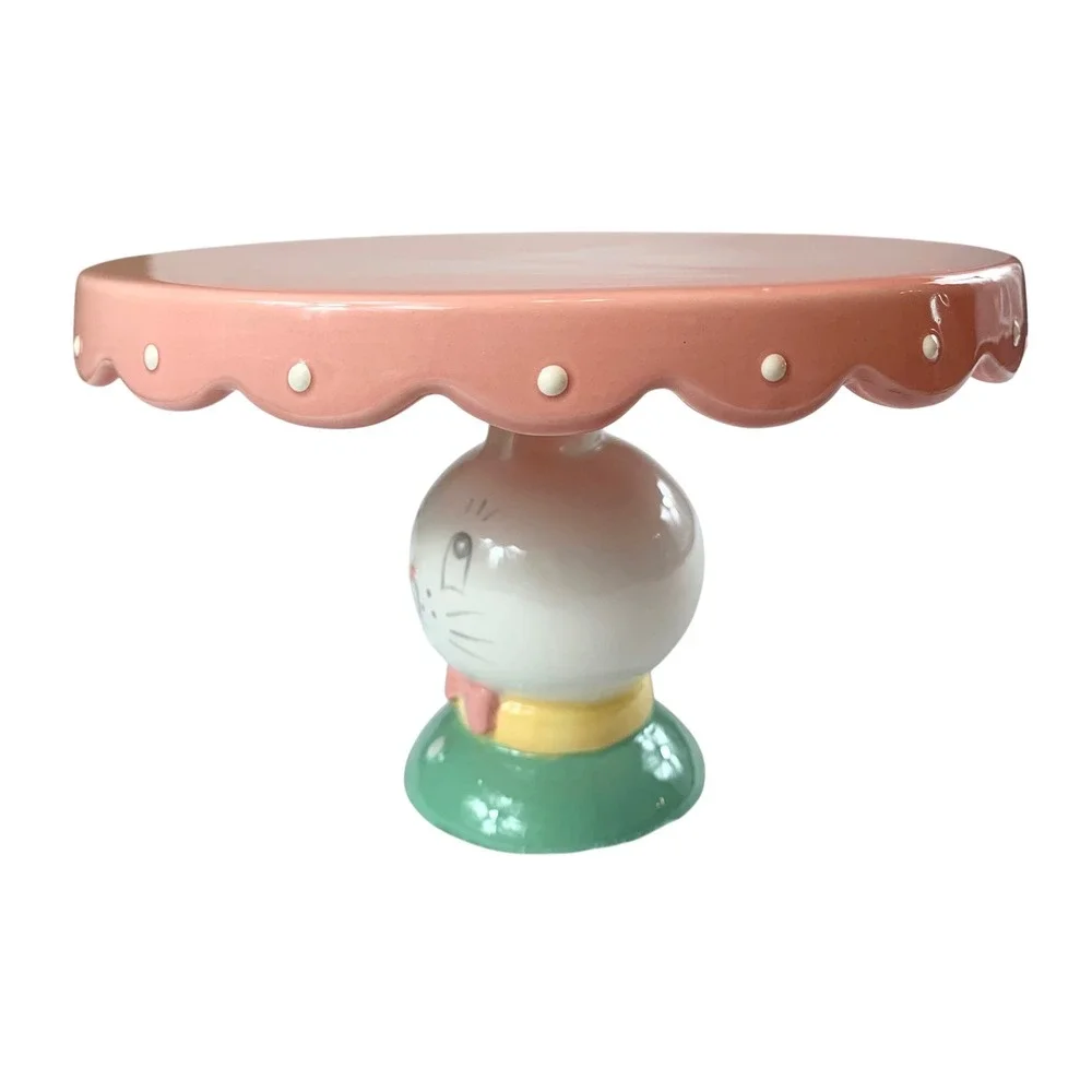 Johanna Parker Transpac Easter Bunny Cupcake Stand Pink Scalloped Ceramic 8 Inch